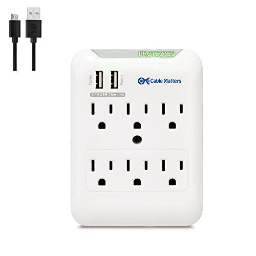 Cable Matters 6 Outlet Wall Mount Surge Protector with USB Charging in White (Updated Version with Dimmed LED Light)