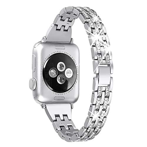 Secbolt Bling Bands Compatible with Apple Watch Band 42mm 44mm 45mm Women iWatch SE Series 7 6 5 4 3 2 1, Dressy Jewelry Metal Wristband Strap Diamond Rhinestone, Silver