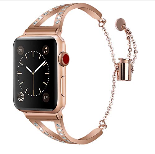 Mobile Advance Metal Band Bracelet with Rhinestones for Apple Watch Series 6/SE/5/4/3/2/1 (Rose Gold, 42mm/44mm)