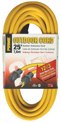 Prime Wire & Cable EC500825 Prime Extra Heavy-Duty, Single Outlet Extension Cord, 12/3 ga, 15 A, 125 V, 25 ft L, Yellow