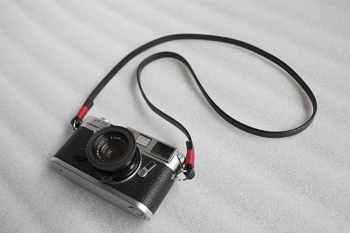 Handmade Genuine Real Leather camera strap neck strap for EVIL Film camera black leather red cord 01-099