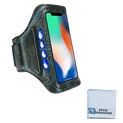 Bright LED Rechargeable Sports/Cross-fit Arm Band (Blue) fits iPhone 13 12 11 Pro Max Xs Xs X 8+ 8 7 Plus Pixel 2 Galaxy S9 S8 Note 9 + eCostConnection Microfiber Cloth