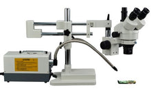 Load image into Gallery viewer, OMAX 2X-90X Zoom Trinocular Dual-Bar Boom Stand Stereo Microscope with Cold Y-Type Gooseneck Fiber Light
