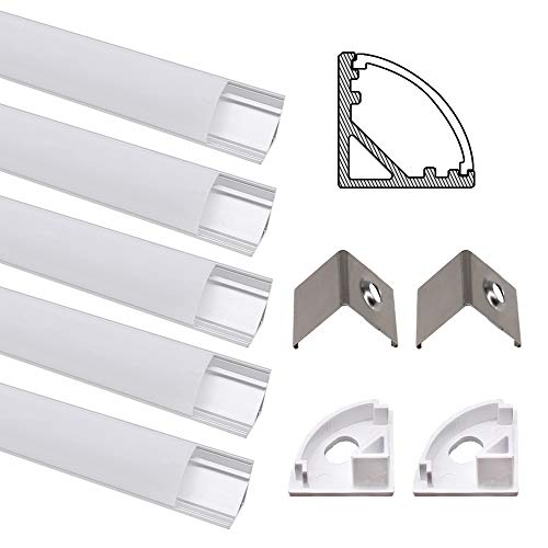 JIRVY 5 Pack 1m / 3.3ft Led Aluminum Channel Profile V-Shape Aluminum Extrusion Tracks for Flex/Hard LED Strip Lights Installations with White Diffuser Cover, End Caps and Metal Mounting Clips