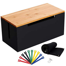 Load image into Gallery viewer, QH Goods Bamboo Cable Management Box Organizer Storage Large Wood Cord Cover for Floor Under Desk to Hide and Hold Power Strip, TV, Router, Computer, USB Hub, and Electrical Outlet Plug Wire (Black)
