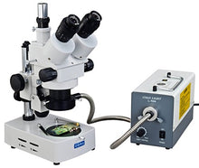 Load image into Gallery viewer, OMAX 3.5X-90X Trinocular Table Stand Stereo Microscope with Dual Illumination System and Additional 150W Cold Fiber Ring Light
