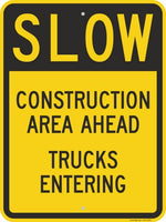 SmartSign 24 x 18 inch Slow - Construction Area Ahead, Trucks Entering Metal Sign, 80 mil Laminated Rustproof Aluminum, Black and Yellow