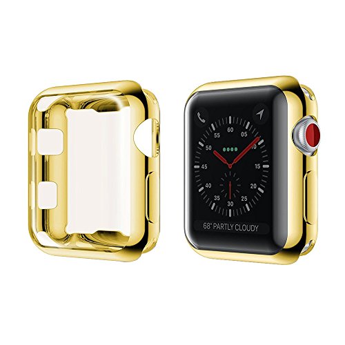 Toosunny for Apple Watch 3 Case Soft Plated TPU Screen Protector All-Around Protective Case High Defination Clear Ultra-Thin Cover for Apple iwatch 42mm Series 3 and Series 2 Series 1 (Gold, 42mm)