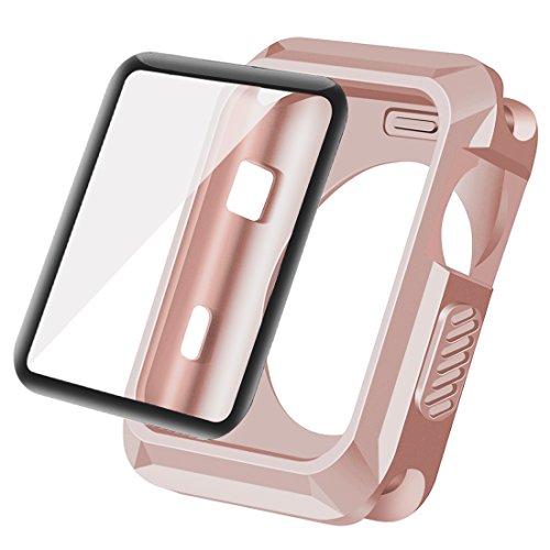 Wolait Compatible with Apple Watch Case 42mm,Rugged Protective Case + Tempered Glass Screen Protector for Series 3,Series2,Series1 ,Rose Gold