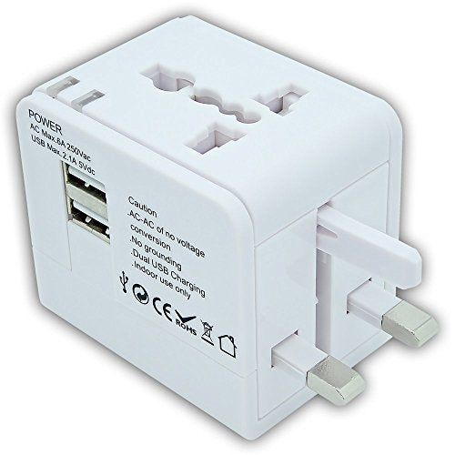 CRAZY AL'S CA613(2.1A) Worldwide Universal International Travel Adapter, with 2 USB Charging Ports & Universal AC Socket,Suitable for Apple, Samsung, Sony, BlackBerry, HTC,etc. White