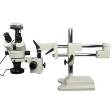 Load image into Gallery viewer, OMAX 3.5X-90X Digital Zoom Trinocular Dual-Bar Boom Stand Stereo Microscope with 9.0MP USB Camera and 144 LED Ring Light with Light Control Box
