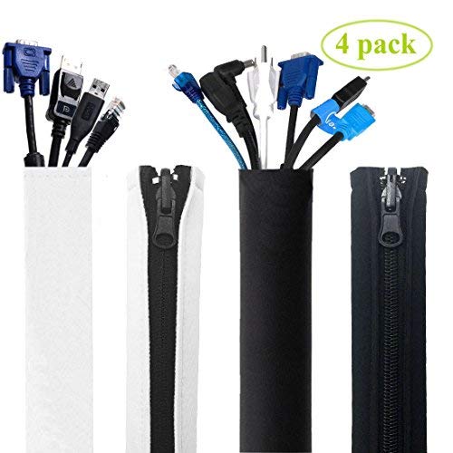 Cable Management Sleeve, Wolmund Cord Organizer System with Zipper for TV, Computer, Office, Home Entertainment, 19.5 inch Wire Wrap Flexible Cover, Reversible Black & White, 4 Pack