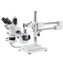 Load image into Gallery viewer, AmScope 3.5X-45X Simul-Focal Boom Stereo Microscope with a Fluorescent Light and 10MP Camera
