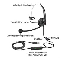 Load image into Gallery viewer, USB Plug Hands-Free Call Center Noise Cancelling Corded Monaural Headset Headphone with Mic Mircrophone for Both Office PC VOIP Softphone and Telephone with USB Plug for Headset
