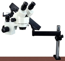 Load image into Gallery viewer, OMAX 7X-45X Zoom Articulating Arm Binocular Stereo Microscope with Vertical Post and 64 LED Ring Light
