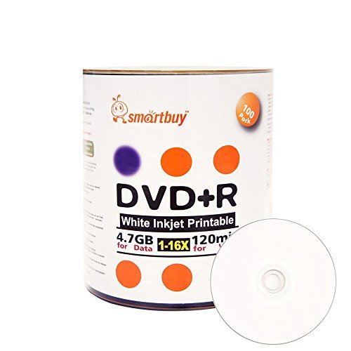Smart Buy 100 Pack DVD+R 4.7gb 16x White Printable Inkjet Blank Media Record Disc, 100 Disc 100pk