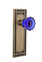 Load image into Gallery viewer, Nostalgic Warehouse 724669 Mission Plate Privacy Crystal Cobalt Glass Door Knob in Antique Brass, 2.75
