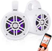 Load image into Gallery viewer, Pyle Waterproof Marine Wakeboard Tower Speakers - 4in Dual Subwoofer Speaker Set w/LED Lights &amp; Bluetooth for Wireless Music Streaming - Boat Audio System w/Mounting Clamps PLMRLEWB47WB (White)
