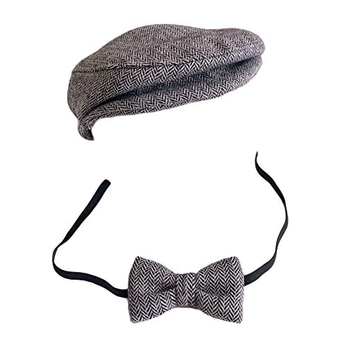 Baby Photography Props Monthly Boy Photo Shoot Outfits Infant Flat Cap Gentleman Hat Bowtie (Black+White)