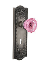 Load image into Gallery viewer, Nostalgic Warehouse 725553 Meadows Plate with Keyhole Privacy Crystal Pink Glass Door Knob in Antique Pewter, 2.75
