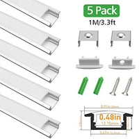 LightingWill 5-Pack 3.3ft/1M 9x23mm Silver U-Shape Internal Width 12mm LED Aluminum Channel System with Cover, End Caps and Mounting Clips Aluminum Extrusion for LED Strip Light Installations-U01S5