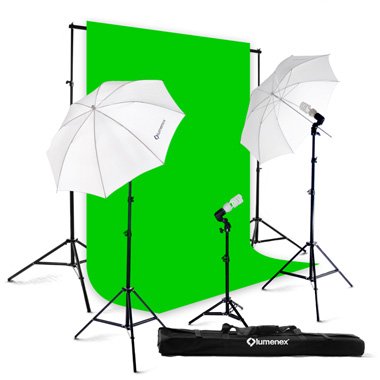 Lumenex Studio 420 Watt Photography Lighting Light Kit + 10' x 10' 100% Cotton Green Chroma Key Muslin Backdrop Background Photo Portrait Studio 32