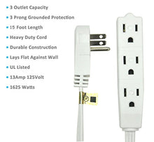 Load image into Gallery viewer, BindMaster 15 Feet Extension Cord/Wire, 3 Prong Grounded, 3 outlets, Angeled Flat Plug, White
