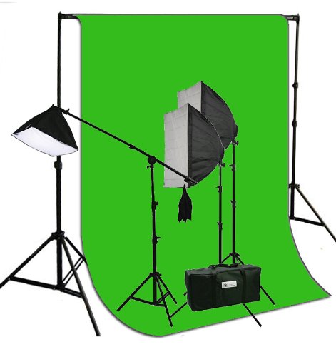 ePhotoInc 10 X 20 Large Chromakey Chroma KEY Green Screen Support Stands 3200K Warm Light 3 Point Continuous Video Photography Lighting Kit H9004SB-1020G 3200K