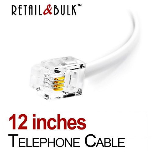 12 Inch Premium Quality Telephone Cable, RJ11 Male to Male 6P4C Phone Line Cord. Made in USA by Retail&Bulk (White)