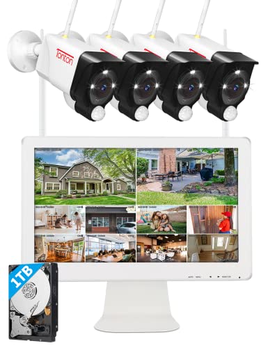 [2K&2 Way Audio&Dual WiFi] Tonton Wireless All-in-One Ultra HD Security Camera System with 16 Inch Monitor,10CH NVR with 1TB HDD,4PCS 3MP Outdoor Bullet IP Floodlight Cameras with PIR,Plug and Play
