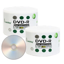 Load image into Gallery viewer, Smartbuy 4.7gb/120min 16x DVD-R Silver Inkjet Hub Printable Blank Media Data Record Disc (100-Disc)
