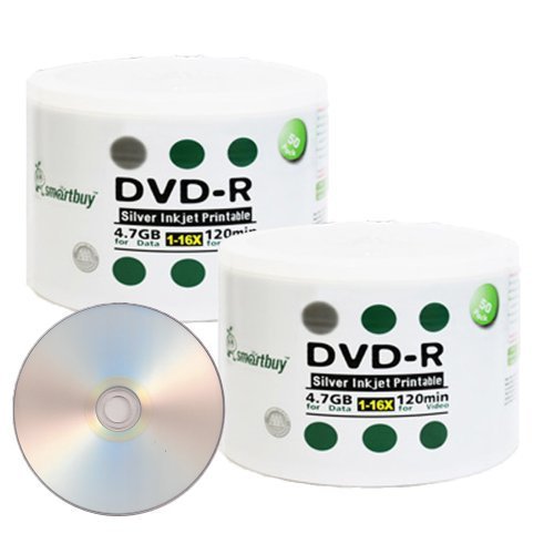 Smartbuy 4.7gb/120min 16x DVD-R Silver Inkjet Hub Printable Blank Media Data Record Disc (100-Disc)