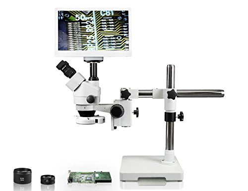 Parco Scientific Simul-Focal Trinocular Zoom Stereo Microscope,10x WF Eyepiece,3.5x-90x Magnification,0.5X & 2X Aux Lens,Single Arm Boom Stand,144-LED Ring Light, 11.6 Screen Display with 5MP Camera