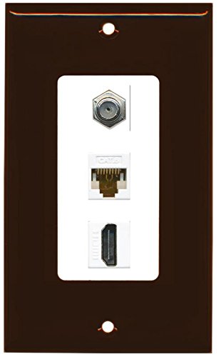 RiteAV Decorative 1 Gang Wall Plate (Brown/White) 3 Port - Coax (White) Cat6 (White) HDMI (White)