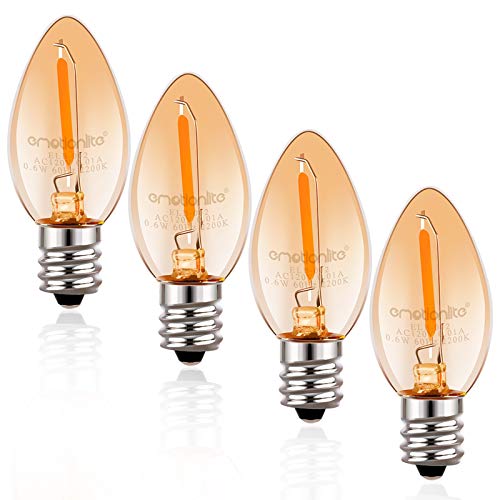 Emotionlite Night Light Bulbs, Amber LED C7 Bulb, 4W 5W 6W 7W Equivalent, E12 Candelabra Base, Salt Lamp and Nightlight Replacement Bulb, 0.5W, Amber Yellowish 2200K, 50LM, Amber, 4 Pack