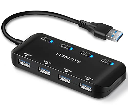 Multi USB Port Expander, LYFNLOVE Ultra Slim USB Hub 3.0, 4-Ports USB Splitter High-Speed USB Data Hub with Individual On/Off Power Switches for Laptop, Computer, PC, Thumb Driver and More