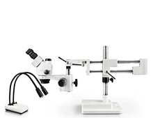 Load image into Gallery viewer, Parco Scientific Simul-Focal Trinocular Zoom Stereo Microscope,10x Widefield Eyepiece,0.7x4.5x Zoom Range,7x45x Magnification Range,Double Arm Boom Stand,LED Gooseneck Dual Light w/Intensity Control
