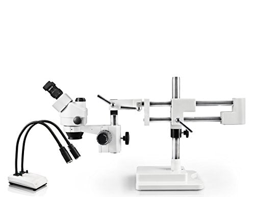 Parco Scientific Simul-Focal Trinocular Zoom Stereo Microscope,10x Widefield Eyepiece,0.7x4.5x Zoom Range,7x45x Magnification Range,Double Arm Boom Stand,LED Gooseneck Dual Light w/Intensity Control