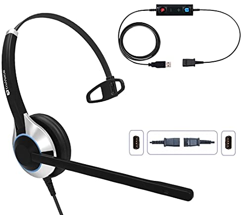 TruVoice HD-500 Deluxe Single Ear Headset with Noise Canceling Microphone and USB Adapter Cable with Mute Switch and Volume Control (Connects and Works with PC, Laptop and Softphones)