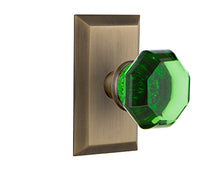Load image into Gallery viewer, Nostalgic Warehouse 725124 Studio Plate Privacy Waldorf Emerald Door Knob in Antique Brass, 2.75
