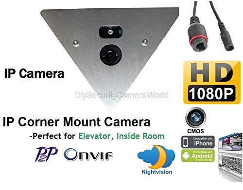 H.264 1920x1080P 2.0MP IP Network NightVision Corner Mountable Camera 12VDC Support Audio P2P Onvif, Mobile Phone View. Prefect for Elevator, Inside Room. with PoE Function