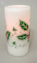 Load image into Gallery viewer, Melrose International LED Safe Flameless White Candle w/Holly and Berries 3&quot; Dx6 H
