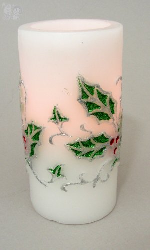Melrose International LED Safe Flameless White Candle w/Holly and Berries 3