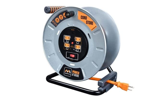 Masterplug Power At Work Metal Steel Drum with Four Powered Outlets, Open Cord Reel with Winding Handle, Overload Circuit Breaker and Power Switch, 1 Foot 12AWG, High Visibility Cord, Orange