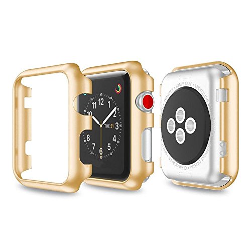 Snap On Bumper Hard Cover Case + 9H Tempered Glass For Apple Watch Series 3/2/1 38/42MM (Apple Watch 38MM, Gold)