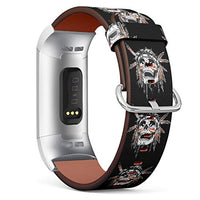 Replacement Leather Strap Printing Wristbands Compatible with Fitbit Charge 3 / Charge 3 SE - Native American Indian Chief Skull