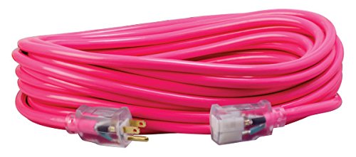 Southwire 2578SW000A 50-Foot 12/3 Neon All Purpose Extension Cord, Made in the USA, Water Resistant Vinyl Jacket, Heavy Duty Strain Relief, Extra Durable Plug, Reinforced Blades, Bright Pink
