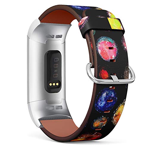 Replacement Leather Strap Printing Wristbands Compatible with Fitbit Charge 3 / Charge 3 SE - Watercolor Galaxy Planets Space Pattern Dots Circles