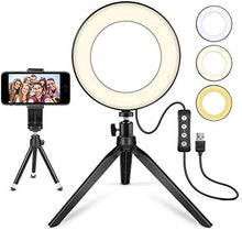 Load image into Gallery viewer, LED Ring Light 6&quot; with Tripod Stand for YouTube Video and Makeup, Mini LED Camera Light with Cell Phone Holder Desktop LED Lamp with 3 Light Modes &amp; 11 Brightness Level (6&quot;)
