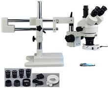 Load image into Gallery viewer, OMAX 3.5X-90X Zoom Trinocular Dual-Bar Boom Stand Stereo Microscope with 144 LED Ring Light
